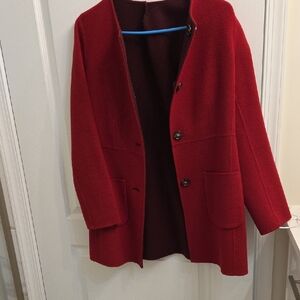 Women's Red Wool Blend Button Front Coat.    Back Some Damige Sewing